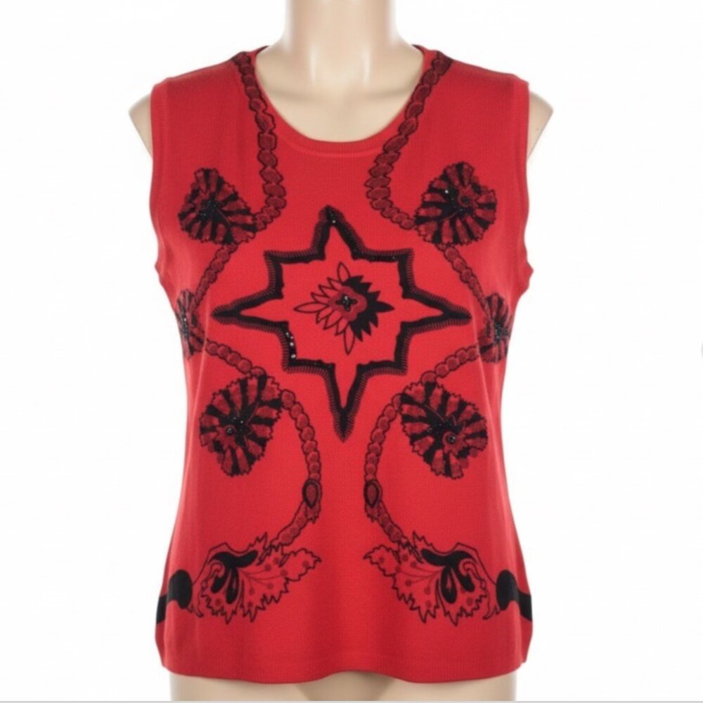 Elizabeth NY‎ Top M Petite Red Black Knit Tank Beaded Embellish Sleeveless Tunic